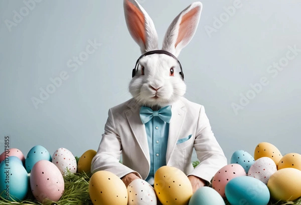 Fototapeta Inspirational Easter celebration features a bunny dressed in a suit with headphones surrounded by colorful eggs, radiating festive vibes and joy