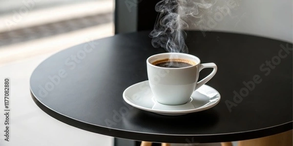 Fototapeta A steaming cup of dark coffee sits on a small, round table near a window.