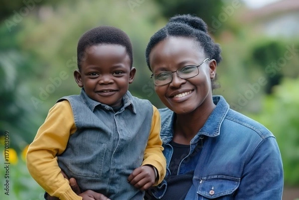 Fototapeta Joyful mother and son share a moment in a vibrant garden setting on a sunny afternoon