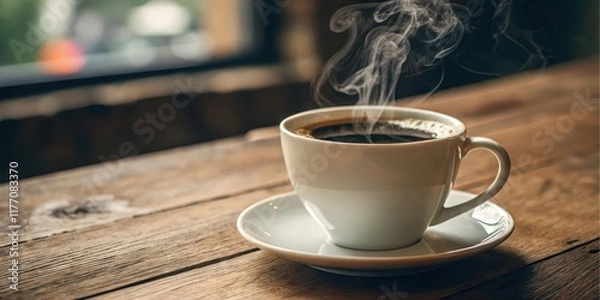 Fototapeta Aromatic steam rises from a freshly brewed cup of coffee resting on a rustic wooden table