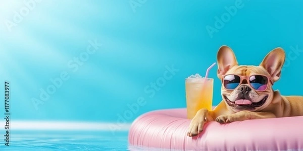 Fototapeta A playful dog relaxes on a pink float in a pool, wearing sunglasses and sipping a drink, embodying a fun summer vibe.