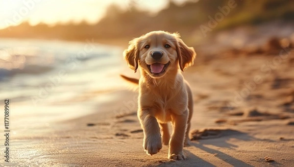 Fototapeta Golden Retriever Puppy Joyfully Running on a Beach at Sunset