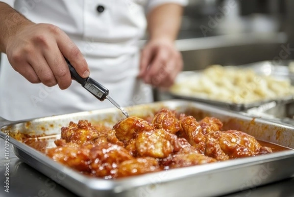 Fototapeta Chef in White Uniform Holding Thermometer to Check Temperature of Delicious Glazed Chicken Dish in Professional Kitchen Setting