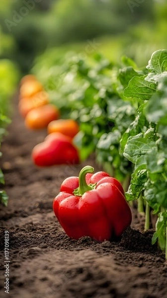 Fototapeta A row of colorful crops like red peppers, carrots, and lettuce growing in a neatly arranged garden