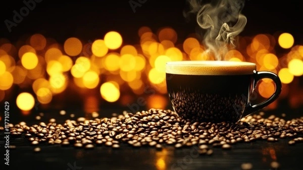 Fototapeta Coffee and Comfort Steaming Cup on Rustic Table in Cozy Cafe