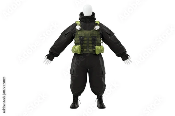 Fototapeta A tactical outfit featuring a black jumpsuit and a green tactical vest, designed for durability and functionality in various conditions.