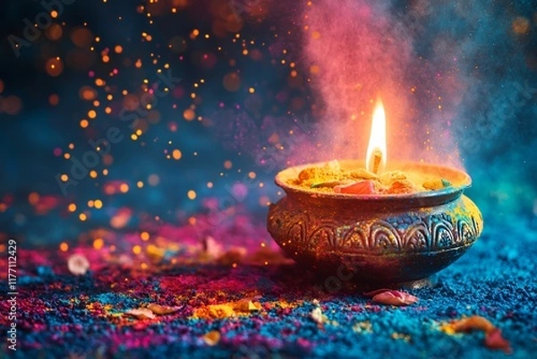 Obraz A burning candle in a traditional clay vessel, surrounded by brightly colored gulal powder and flower petals. Blurred background with glow effect