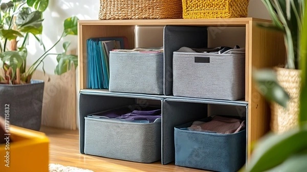 Fototapeta Set of stackable fabric storage cubes with transparent fronts