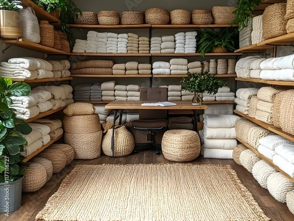 Fototapeta A room filled with neatly stacked towels, baskets, and plants. A small wooden desk sits in the center.