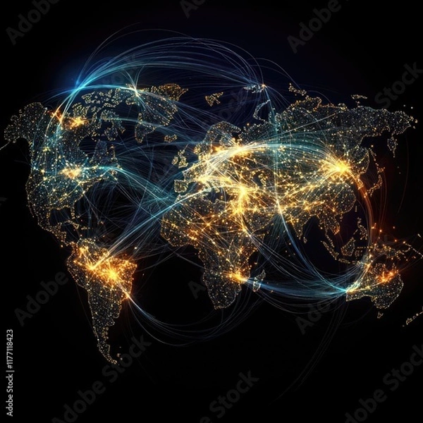 Fototapeta Global network connections, illuminated world map, data flow, night, global communication