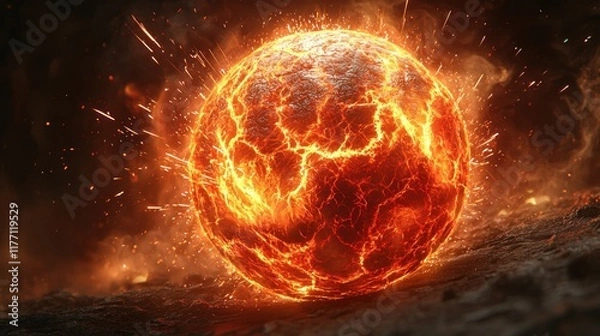 Fototapeta Fiery planet exploding with lava cracks on a burning surface amidst dark space debris