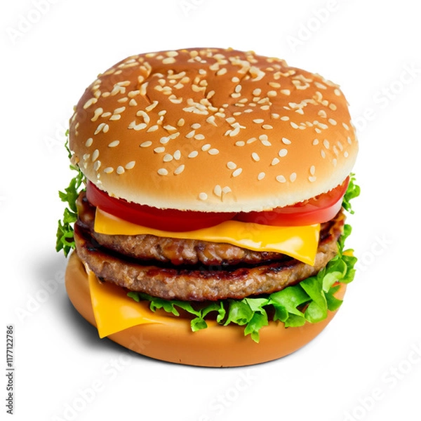 Fototapeta Double cheeseburger with lettuce and tomato isolated, Side view - Transparent PNG
