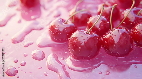 Fototapeta STYLE: photo realistic | glossy, wet, red cherries, identical pattern, pink background, cherries in water