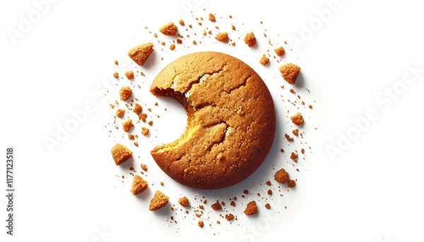 Fototapeta Partially Eaten Cookie with Crumbs in Flat Lay Top View and Soft Shadows - Transparent PNG
