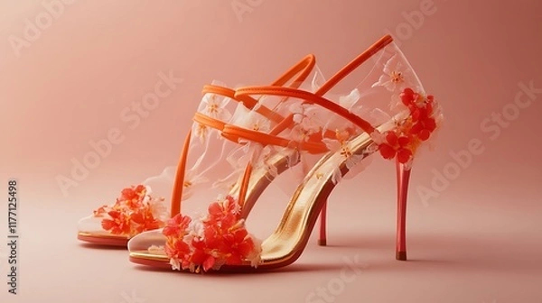 Fototapeta Strappy heels covered with a delicate floral lace