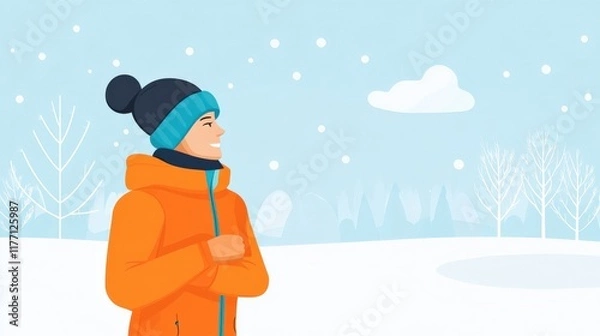 Fototapeta Smiling Young Man in Orange Jacket Enjoying a Winter Wonderland with Snowflakes Falling Amidst a Scenic Background of Trees and a Blue Sky
