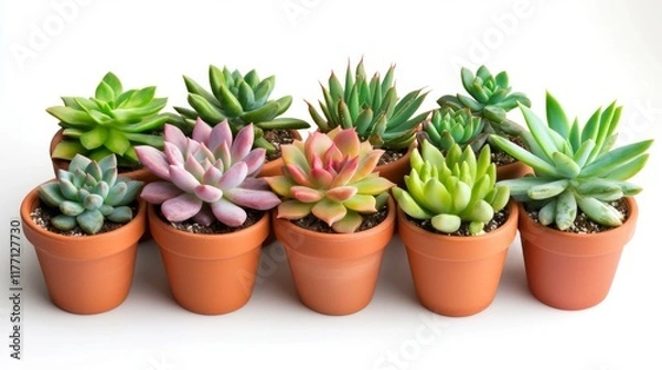 Fototapeta A group of small succulents in clay pots, featuring colorful varieties like echeveria and sedum, on a white background.