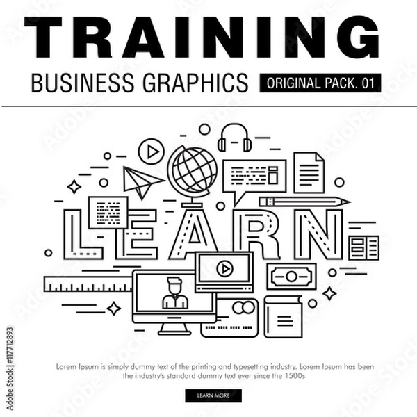 Fototapeta Modern business training pack. Thin line icons set mentor career. Education set collection with global management industry elements. Premium quality vector symbol. Stroke pictogram for web design.