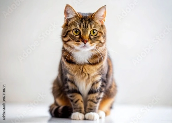 Obraz Adorable Miniature Cat Sitting on White Background - Tilt-Shift Photography