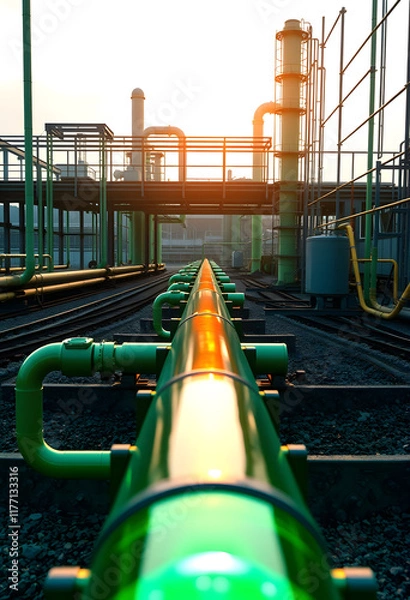 Obraz Green hydrogen energy pipeline of green color with industry facility, mindfulness theme, with white tones