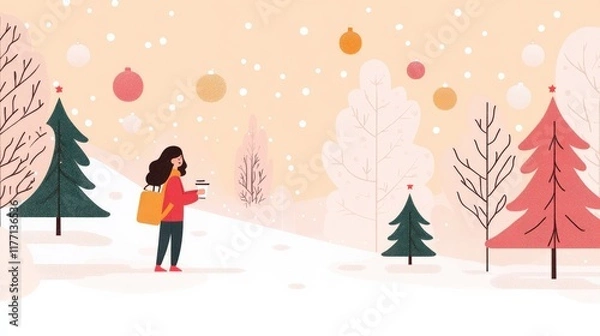 Fototapeta Charming Winter Scene Featuring a Woman with Coffee in a Snowy Landscape Surrounded by Colorful Trees and Decorative Ornaments against a Soft Background