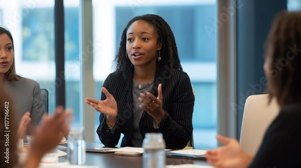 Fototapeta A young black woman presenting confidently in a professional setting, symbolizing leadership, motivation, and career success. Ideal for concepts of empowerment and public speaking