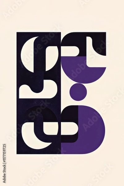 Fototapeta Abstract geometric design featuring bold black and purple shapes with circular and rectangular forms on a cream background. Modern and minimalist. AI generative.