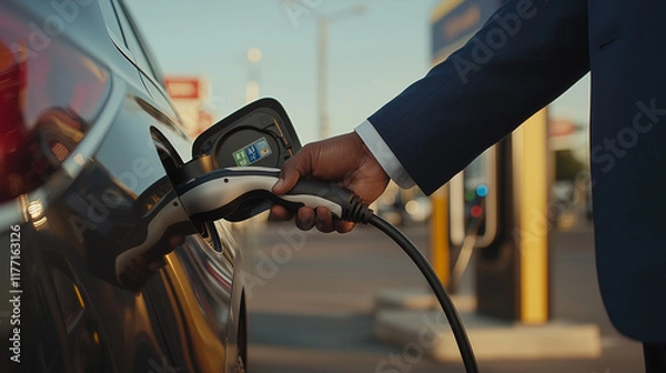 Fototapeta A close-up of a manâs hand in a tailored navy-blue suit, gripping a sleek black charging cable and plugging it into an electric sedan. The blurred background reveals a modern gas s