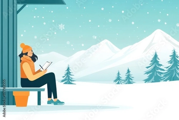 Fototapeta Cozy Winter Scene with Young Woman Writing in Snowy Landscape Surrounded by Mountains, Trees, and Snowflakes for Relaxation and Inspiration
