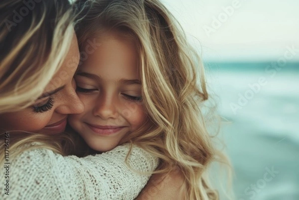 Obraz A touching moment between a mother and daughter at the beach, capturing their bond and pure joy as they embrace each other by the calming waves of the ocean.