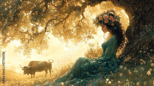 Obraz A serene woman with lush, dark hair crowned with a wreath of roses and bull horns, sitting beneath a grand oak tree in a meadow bathed in golden sunlight