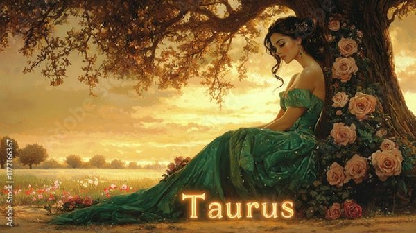 Obraz An elegant woman with lush, dark hair sits under a grand oak tree adorned with roses and a glowing Taurus symbol