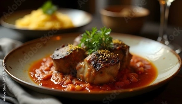 Fototapeta Ossobuco with saffron risotto in a fine-dining setting, warmly lit and elegantly styled.