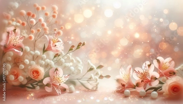 Fototapeta Delicate spring background with alstroemeria and gypsophila flowers, bokeh and blurry spots in pastel delicate peach fuzz, beige, pink tones