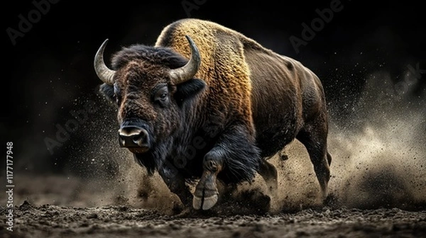 Obraz Running bison kicks up dirt in a dramatic display of power and speed in a natural landscape setting