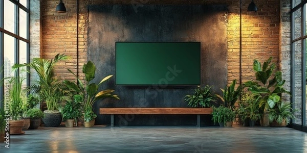 Fototapeta A futuristic TV studio with a wall-mounted screen, perfect for broadcasts, presentations, or virtual backgrounds in modern video productions.