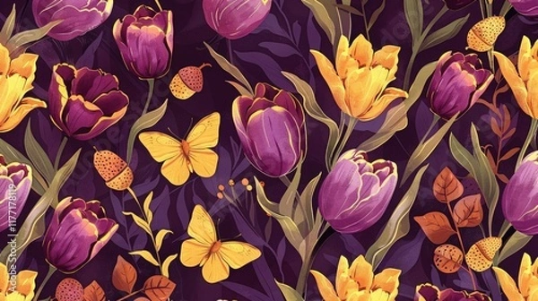Obraz Vibrant floral pattern featuring purple and yellow tulips with butterflies against a dark background