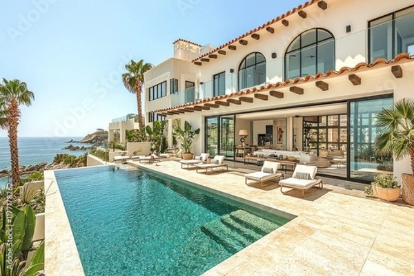 Fototapeta Luxury oceanfront villa with infinity pool, patio furniture, and coastal view in Mexico