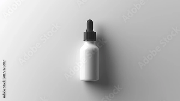 Obraz This dropper bottle features a sleek white design with a black cap resting upright on a soft gray background. Ideal for cosmetic or pharmaceutical uses, it emphasizes simplicity.