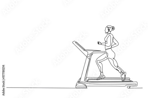 Fototapeta Man running on a treadmill continuous one line drawing. Single line art illustration of man running speed on treadmill. Editable vector.