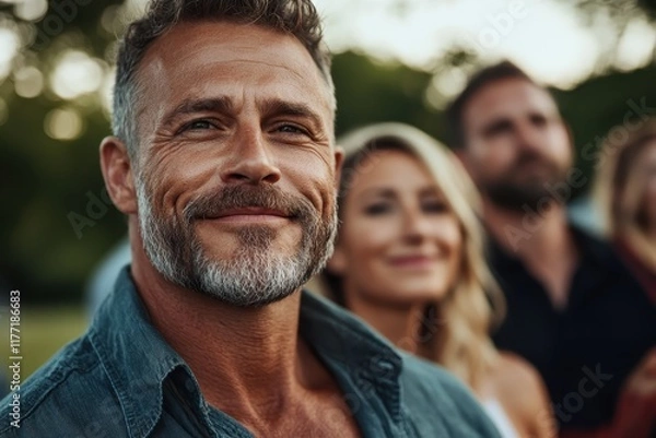 Fototapeta A confident, bearded man smiles warmly, sitting amongst peers in a relaxed outdoor setting, creating an atmosphere of camaraderie and connection among the group.