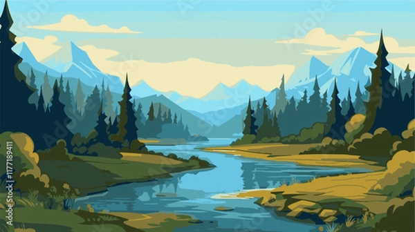 Fototapeta Beautiful mountain lake scenery with clear still water, mountain ridge, dense forest, meadow shores and tall pine trees in the foreground.