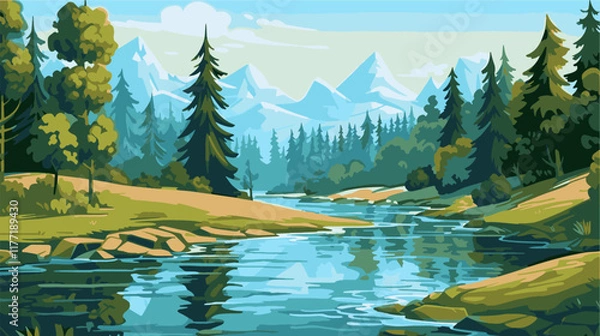 Fototapeta Beautiful mountain lake scenery with clear still water, mountain ridge, dense forest, meadow shores and tall pine trees in the foreground.
