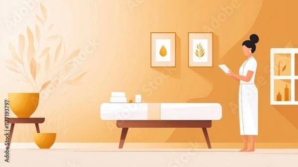 Obraz Relaxing Spa Interior with a Calm Atmosphere Featuring a Treatment Table, Potted Plants, and Elegant Decor for Wellness or Therapeutic Settings