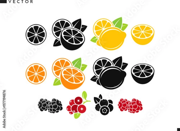 Obraz Fruit with berries vector. Isolated orange fruit lemon lime raspberry blackberry cranberry and blueberry. Natural food icon 