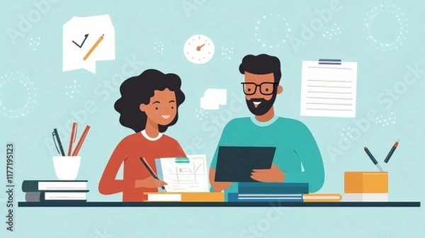 Fototapeta Engaging Diverse Team Collaborating on Educational Project with Creative Tools and Positive Atmosphere in Bright Workspace