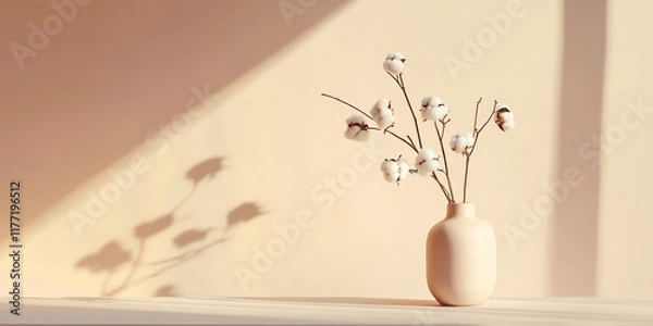 Fototapeta Elegant beige vase with cotton stems casting soft shadows on neutral wall