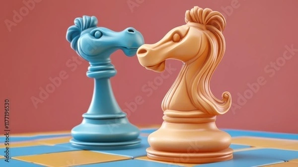 Fototapeta Two Chess Knights Face Off on a Colorful Board