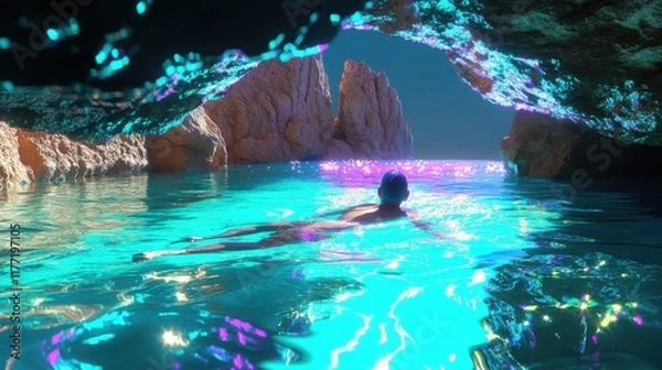 Fototapeta A mesmerizing swim in a vibrant underwater cave.  A tranquil escape in a fantasy landscape.