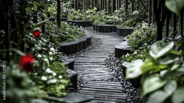 Fototapeta Serene Garden Pathway Design with Artistic Stonework